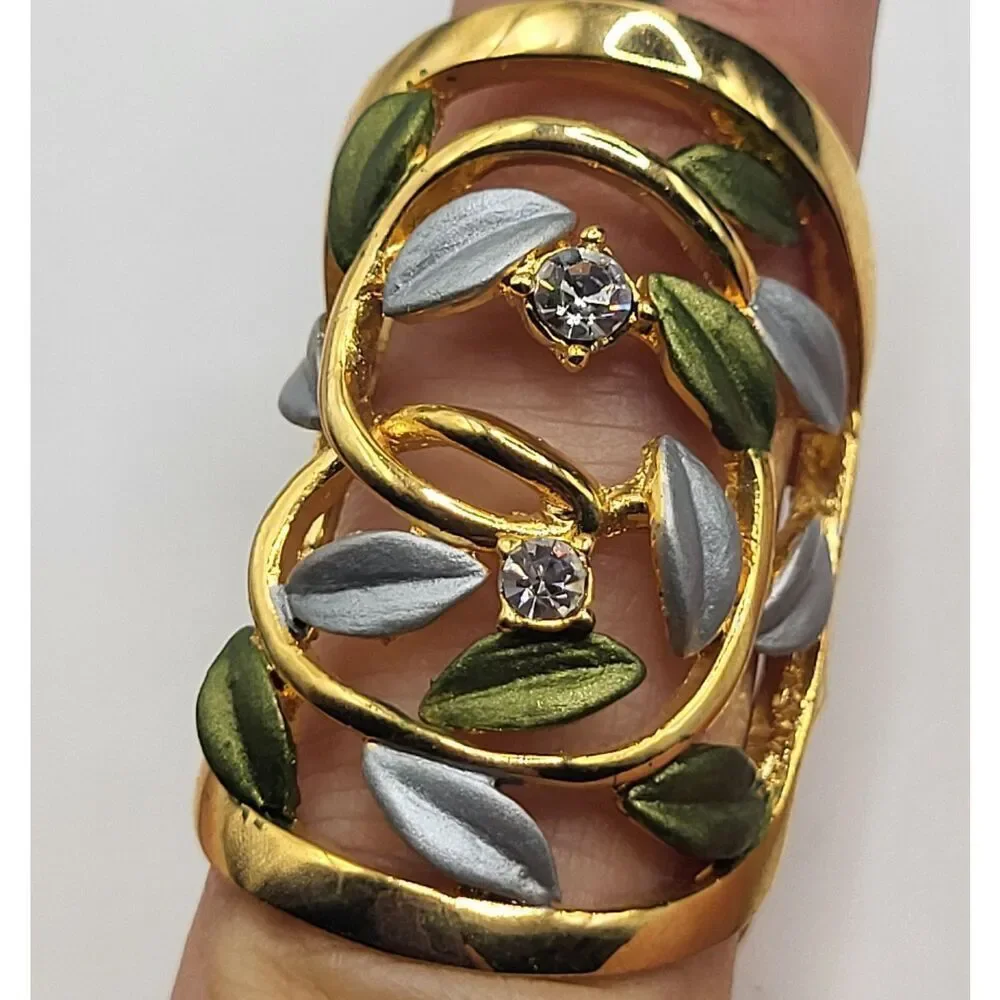 Beautiful Thick Leaves and Rhinestone Wide Ring Sz 5